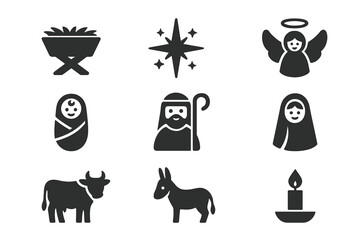 Christmas nativity silhouette icon set. featuring manger, star, angel, baby, shepherd, mary, cow, donkey, candle.