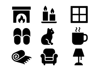 Cozy home silhouette icon set. featuring fireplace, candles, window, slippers, cat, mug, rug, armchair, and lamp symbols