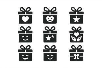 Gift box silhouette icon set. featuring heart, smiley, star, ribbon, and hands symbols