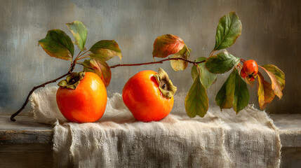 Persimmon Still Life on Linen