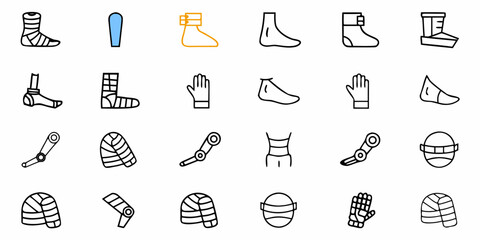 Naklejka premium Explore orthopedics with this outline collection, from foot casts to knee braces, perfect for medical illustrations, healthcare education, and anatomical studies, with a focus on rehabilitation