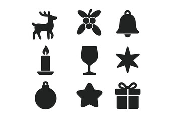 Christmas celebration silhouette icon set. featuring deer, mistletoe, bell, candle, wine, star, ornament, and gift icons