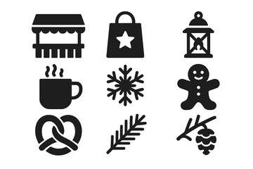 Winter market silhouette icon set. featuring stall, shopping bag, lantern, mug, snowflake, gingerbread, pretzel, fir branch, pinecone
