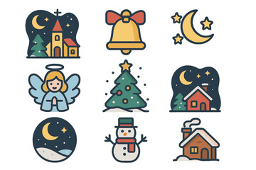 Holiday celebration flat icon set. featuring church, bell, moon, angel, tree, house, snowman, night sky