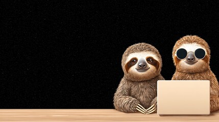Two Relaxed Sloths in Sunglasses Working on a Laptop, Lazy Cyberpop Business Scene with a Fun and Whimsical Vibe Perfect for Playful Marketing