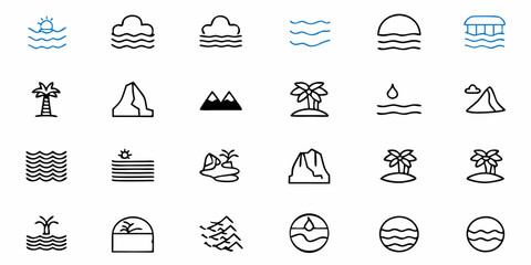 Explore stunning tropical landscapes with these minimal line icons perfect for travel blogs, tourism websites, and nature-themed apps offering a touch of serene beauty