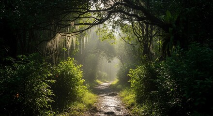Obraz premium Path through lush green forest with sunlight