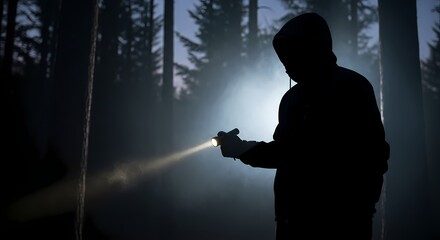 A person in a dark forest holding a flashlight, casting a beam of light through the trees, evoking a sense of adventure, exploration, and mystery in nature.