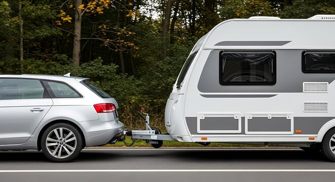 Silver Station Wagon Towing a Modern White Caravan on a Road Surrounded by Trees Preparing for a Camping Trip Adventure