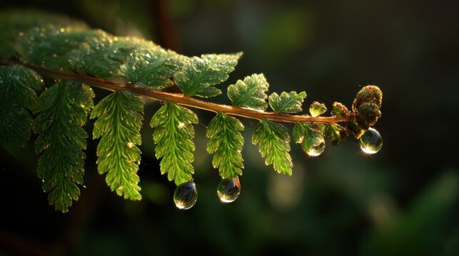Dewy fern frond with hanging droplets glistens in sunlight against a blurred backdrop