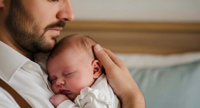 Father and Child's bond: A tender moment as a father embraces his newborn child. The infant sleeps soundly in his father's caring embrace. A touching representation of familial love and protection.