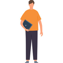 Flat Illustration Of A Man Holding A Laptop Computer And Standing On A Transparent Background