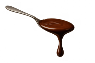 Melted chocolate dripping from spoon, rich liquid sauce for sweet dessert, transparent background