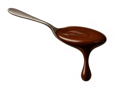 Melted chocolate dripping from spoon, rich liquid sauce for sweet dessert, transparent background