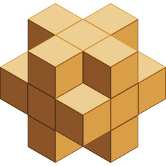 Abstract Geometric 3D Object Formed by Intersecting Cubes in Warm Orange and Brown Tones Exhibiting Depth and Structure