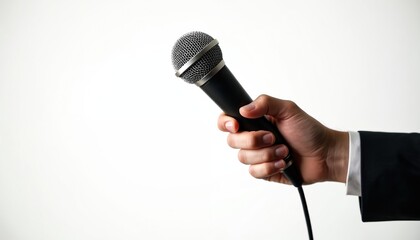 Person in suit holds microphone for interview or speech. This audio equipment is for voice recording and broadcasting. Media communication tool for news and events.