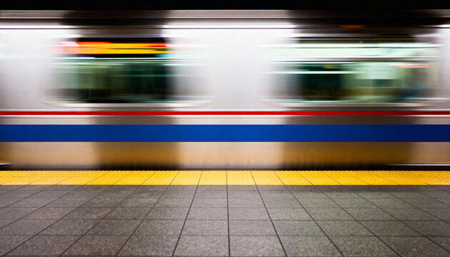 high-speed train passing through a station platform with motion blur conveying urban energy - Powered by Adobe