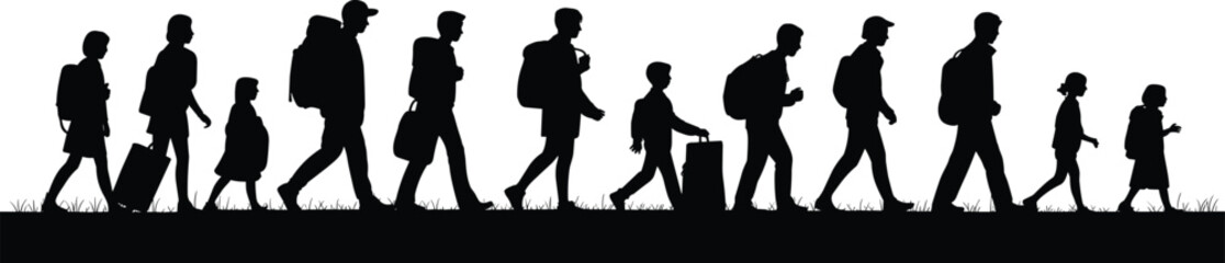 Silhouette migration journey, people walking, travel group, age diversity, black vector art, cad drawing flat vector illustration, minimal design