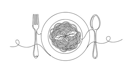 An Elegant One Continuous Line Drawing of a Delicious Plate of Spaghetti with Basil and Utensils