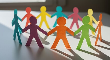 colorful paper cutout people holding hands in a circle on a sunny day