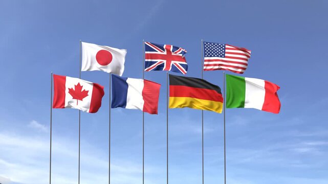 Loop video of G7 nation flags waving on a blue sky background