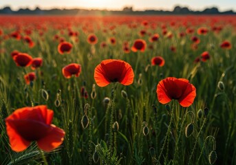 Obraz premium vibrant red poppy field at dawn with warm sunlight and serene rural landscape