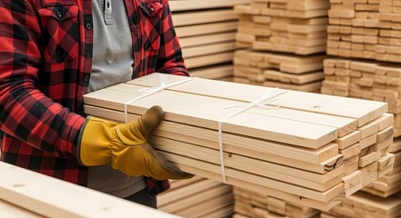 Worker in a warehouse handling wooden planks for construction or manufacturing processes in a storage facility
