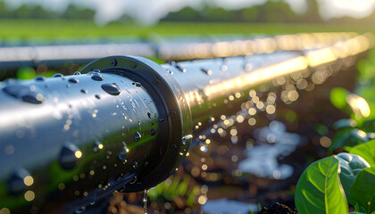 Fototapeta premium Irrigation System: Capturing a close-up of an irrigation system in a field, droplets of water glisten on the black pipe, while new growth plants thrive in the rich soil.