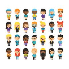 A large set of diverse and multicultural cartoon character avatars in a flat vector style.