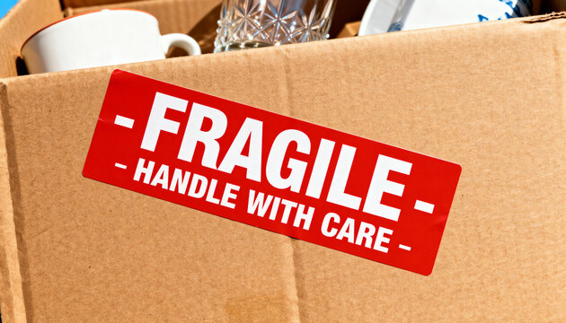 brown cardboard box with fragile handle with care sticker and household items inside