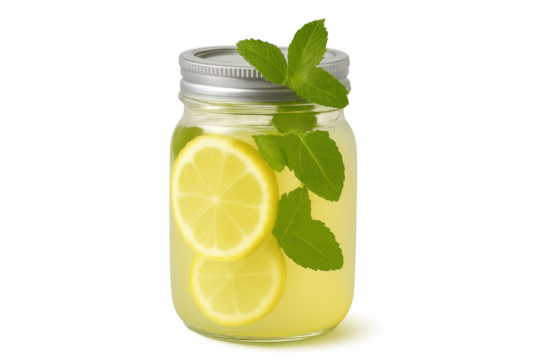 Lemonade drink in mason jar, fresh lemon mint