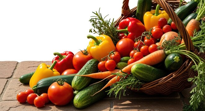 fresh selection of colorful vegetables spilling from wicker basket on stone surface - Powered by Adobe