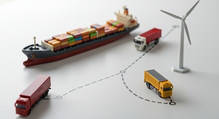 miniature logistics scene with cargo ship, trucks, and wind turbine on white background