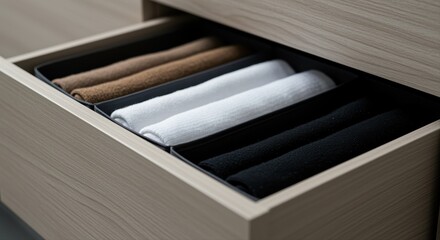 neatly organized socks in a wooden drawer showcasing minimalist home organization