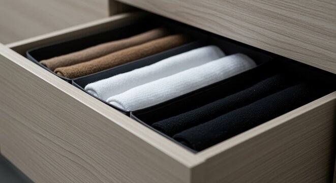 neatly organized socks in a wooden drawer showcasing minimalist home organization