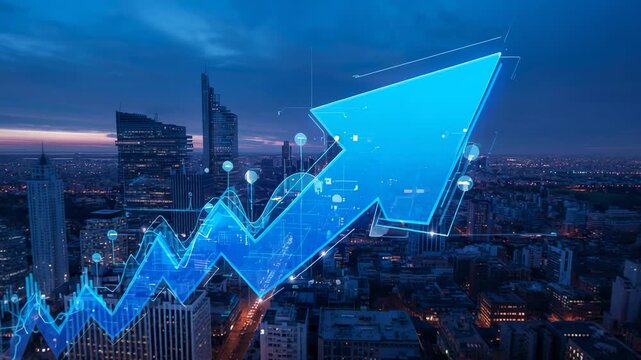 Emerging neon blue line graph zigzagging over skyline at dusk, arrowhead indicating rising growth
