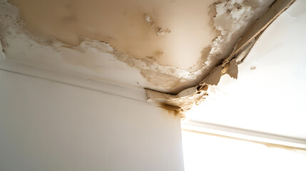 Damaged ceiling in home, caused by water leak. Peeling paint, brown water stains, and crumbling drywall are visible. Urgent repairs are needed to prevent further structural damage.