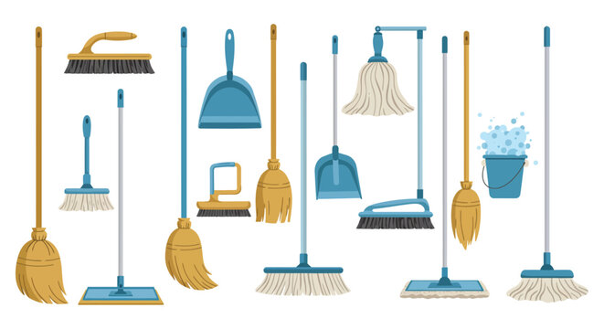 Colorful collection of various cleaning tools and equipment for household chores