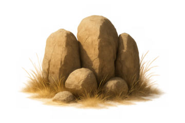 Desert rock formation with dry grass, rugged boulders and stones, natural arid environment, transparent background