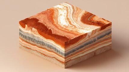 A detailed cross-section of a layered geological formation, revealing various strata and textures 