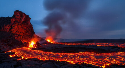 Wide shot shows flowing lava near a rocky formation under starry sky, representing geological activity, volcanic power, and earth formation