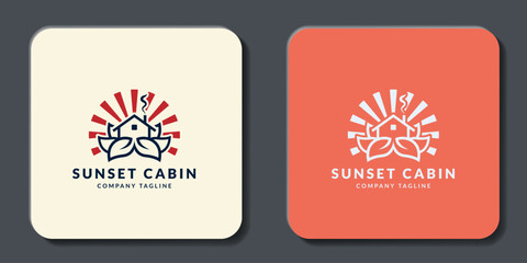Sunset Cabin Logo Design with Lotus Flower and Sun Rays for Hospitality.
