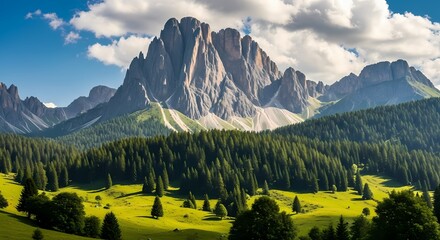 Majestic Mountain Landscape with Lush Green Valley and Pine Forest Under a Blue Sky with Clouds