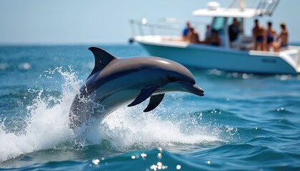 Fototapeta premium Dolphin leaps from blue ocean water near boat with passengers. Marine mammal jumps skyward, creating splash. Oceanographic wildlife adventure.