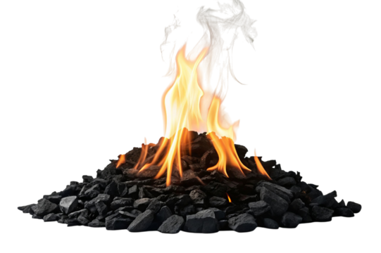 Pile of burning coal with flames and smoke isolated on transparent background