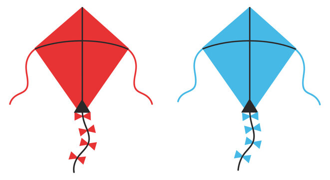 Two diamond shaped kites one red and one blue are displayed