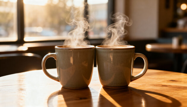 two steaming coffee mugs on wooden table basking in warm morning sunlight at cozy cafe