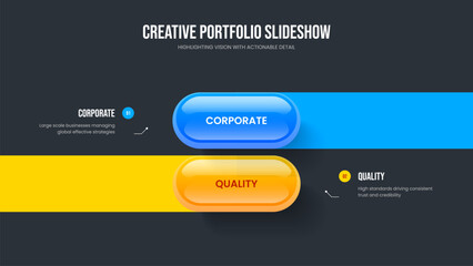 Creative Analysis Slideshow Template Vector Illustration. Advertising Plan 2 Option Diagram Slide Design. Service Planning Two Element Infographic Frame Layout.