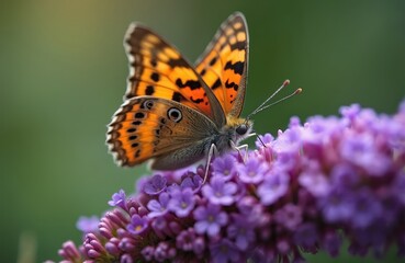 Orange brown butterfly gently rests on vibrant purple Buddleja flower. Intricate wings display dark spots, ring patterns. Insect sips sweet nectar from tiny blossoms. Macro photography captures wild