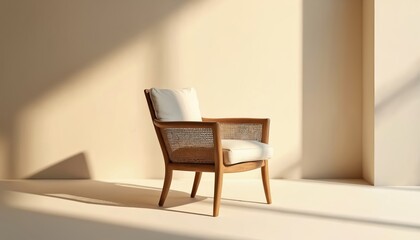 Obraz premium Minimalist armchair with wood legs and woven rattan back. Comfortable cushion rests on a simple chair. Natural light casts shadows on the wall.